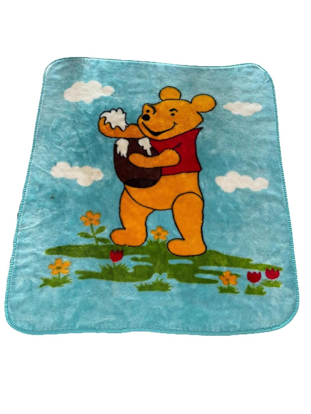 Vintage Winnie the Pooh Honey Pot Light Blue Plush Fleece Blanket Funky Eye VGC